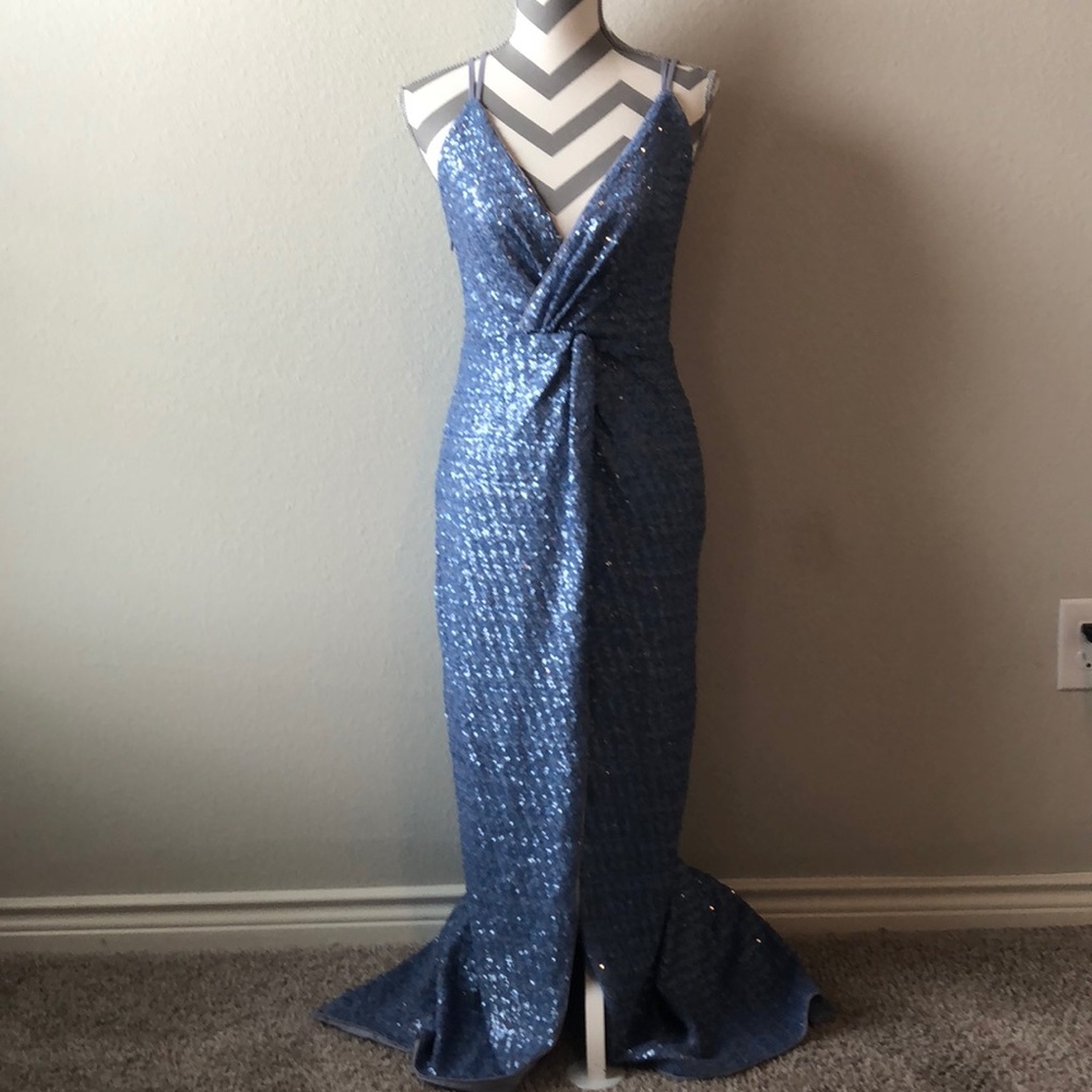 Halston Heritage Blue Sequined Evening Gown